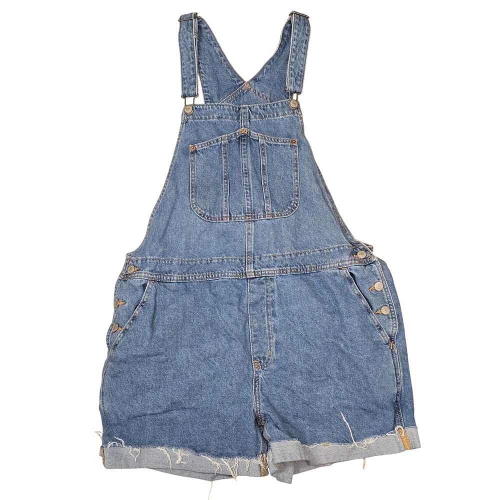 Old Navy Denim Shortalls Medium Wash Raw Hem Cotton Overalls Blue XL